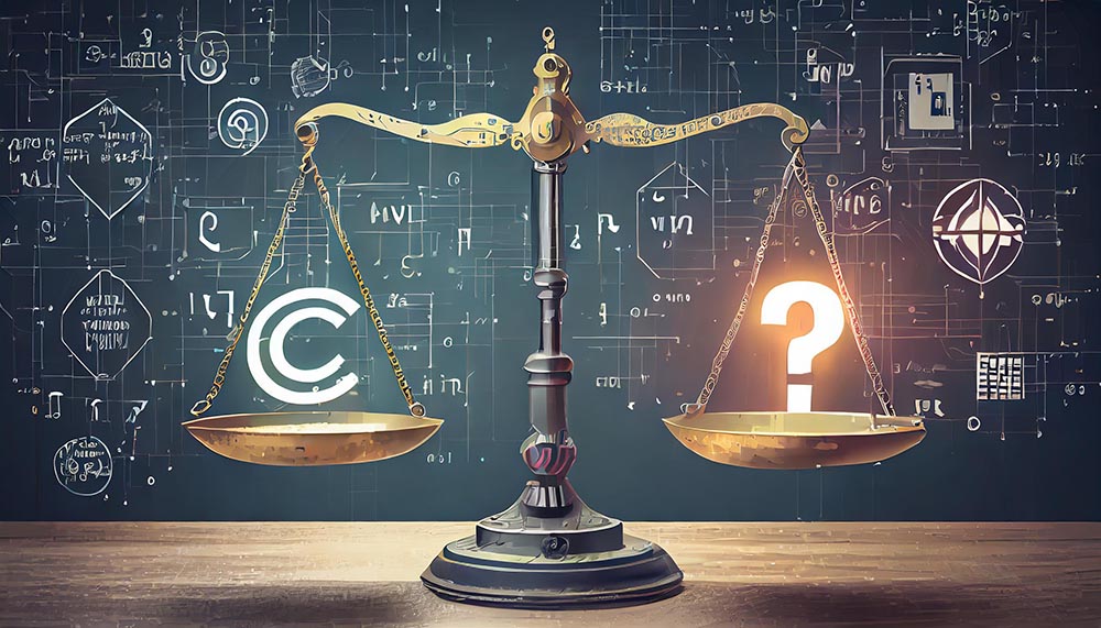A scale with one side featuring copyright symbols and the other side featuring symbols representing AI algorithms, with a question mark in the center.<br />
Caption: "Balancing Copyright Protection and AI Development: A Legal Dilemma.